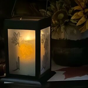 Vintage Metal Hurricane with Maple Leaves on Glass Panes